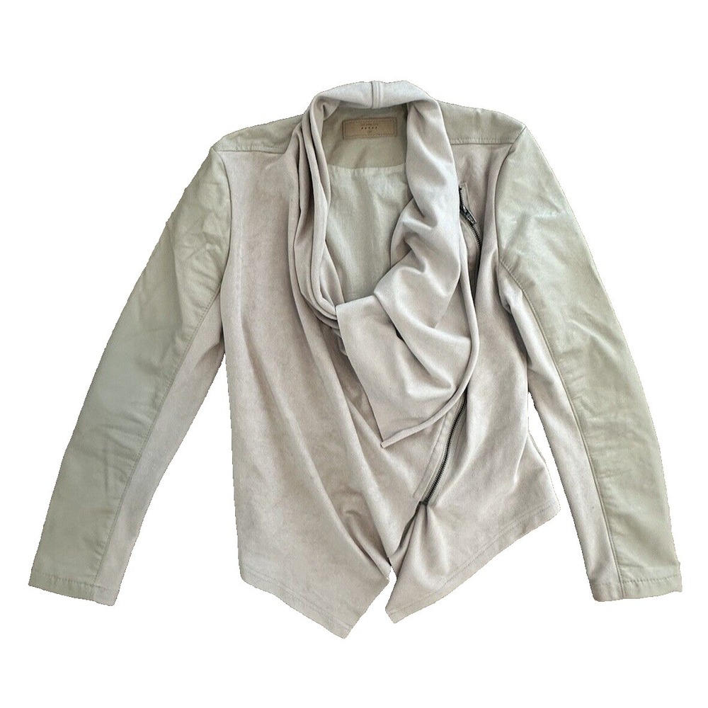 BLANK NYC Asymmetrical Draped Zip Front Moto Jacket Faux Leather SZ M Cream